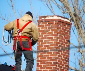 Man on roof, hooking up saftey strap to chimney for inspection.